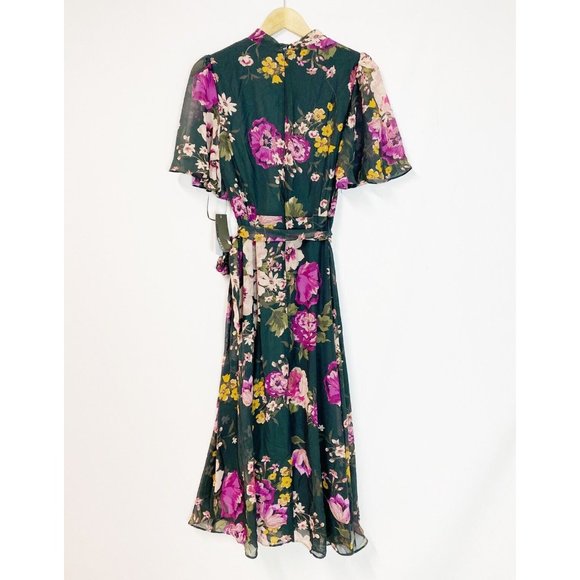 DONNA RICCO Floral Flutter Sleeve Tie Waist Midi Twist Neck Midi Dress Green 8 - Picture 2 of 5